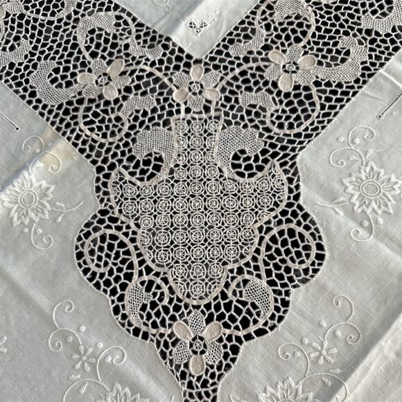 Fine Vintage Italian Linen Needlelace Tablecloth 118 × 65” Ecru Embroidered Rare - Picture 6 of 9